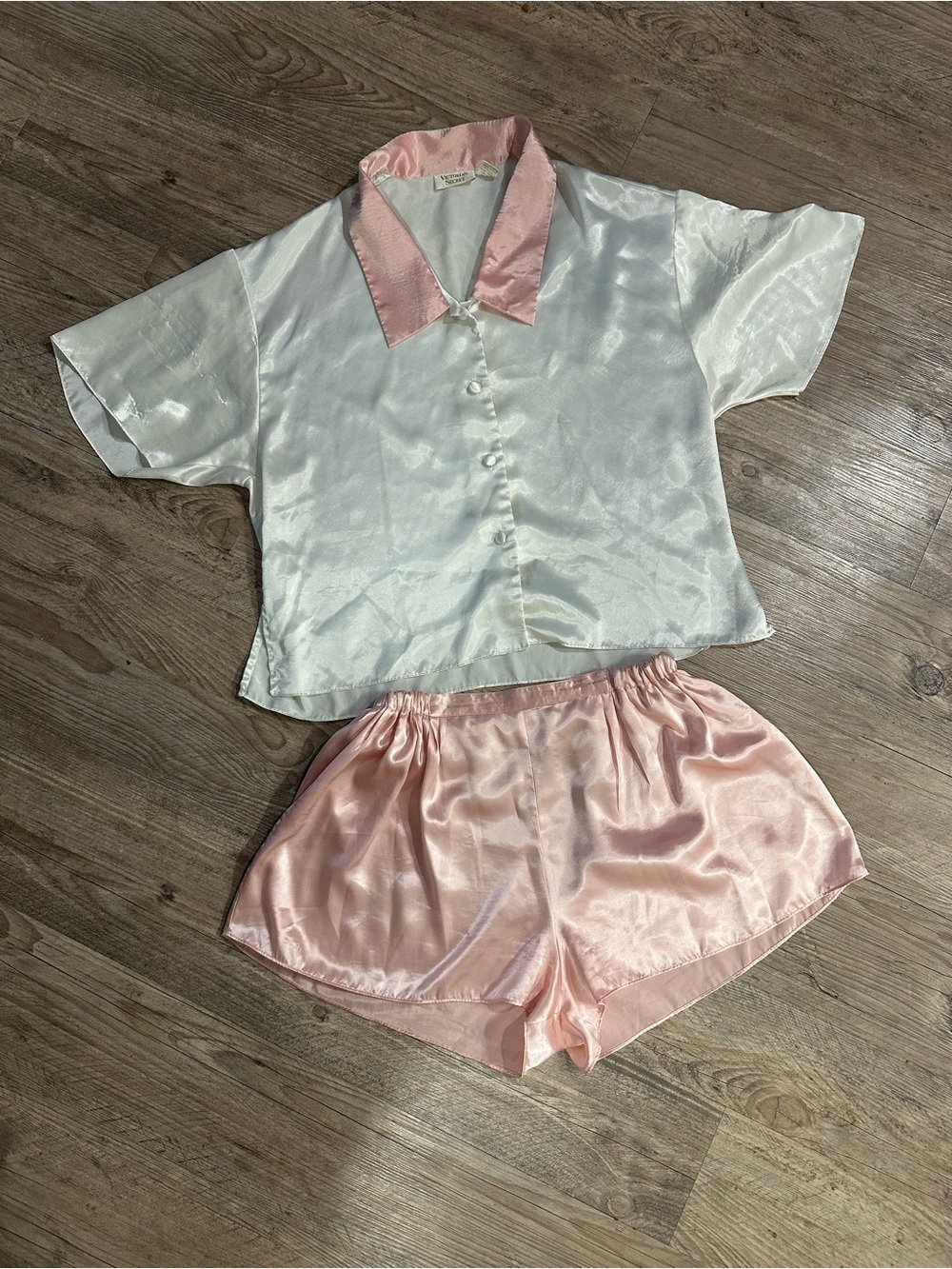 Victoria’s Secret pink and white satin pajama set, large